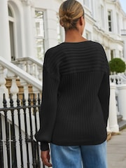 Black Ribbed V-Neck Jumper - Image 3 of 6
