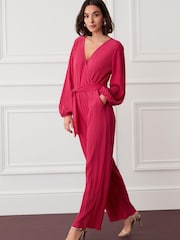 Pink Long Sleeve Plissé Jumpsuit - Image 1 of 5