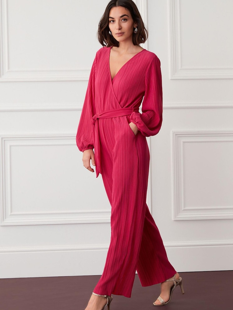 Pink Long Sleeve Plissé Jumpsuit - Image 1 of 5