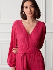 Pink Long Sleeve Plissé Jumpsuit - Image 3 of 5