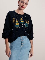 Navy Christmas Tree Tassel Detail Sparkly Embellished Sweatshirt - Image 1 of 4