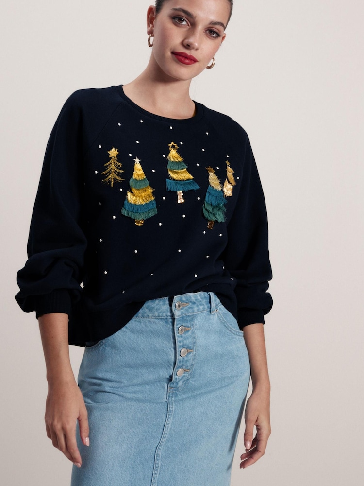 Navy Christmas Tree Tassel Detail Sparkly Embellished Sweatshirt - Image 1 of 4