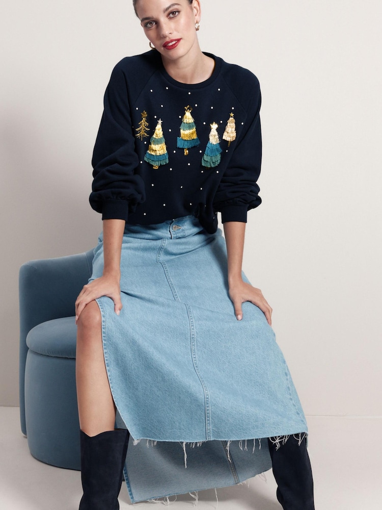 Navy Christmas Tree Tassel Detail Sparkly Embellished Sweatshirt - Image 2 of 4