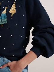 Navy Christmas Tree Tassel Detail Sparkly Embellished Sweatshirt - Image 4 of 4