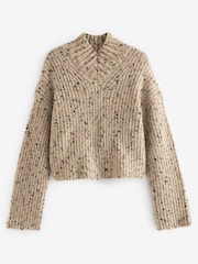 Neutral Brown High V-Neck Ribbed Jumper - Image 5 of 6