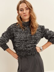 Charcoal Grey Cropped High Neck Long Sleeve Jumper - Image 1 of 7