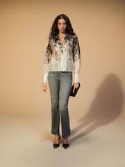 Monochrome Floral Placement Sheer Placement Print Long Sleeve Shirt - Image 2 of 7