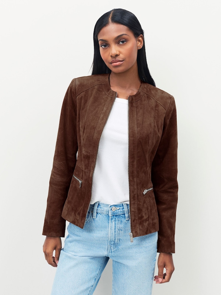 Urban Code Brown Collarless Leather Jacket - Image 1 of 3 Urban Code Brown Collarless Leather Jacket - Image 1 of 3