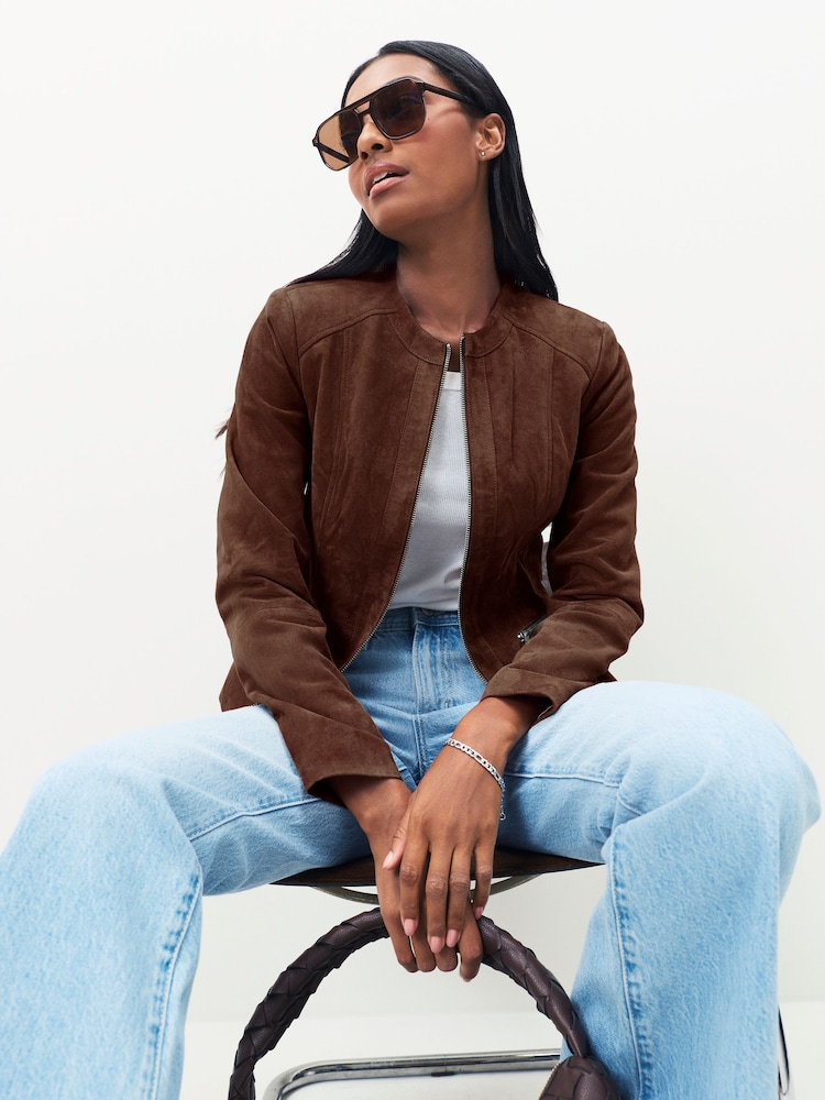 Urban Code Brown Collarless Leather Jacket - Image 2 of 3 Urban Code Brown Collarless Leather Jacket - Image 2 of 3
