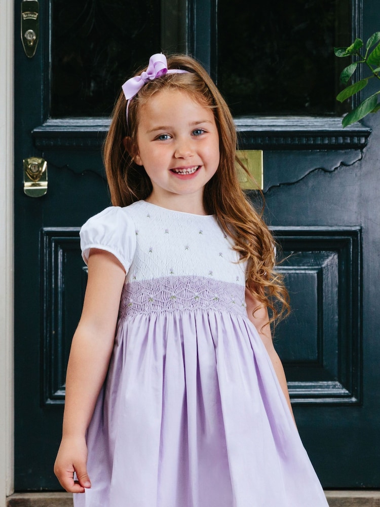 Trotters London Purple Rose Hand Smocked 100% Cotton Dress - Image 2 of 5