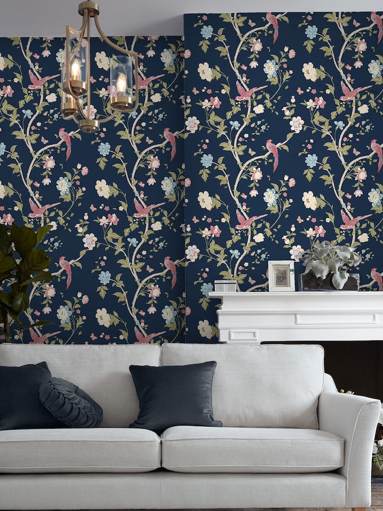 Laura Ashley Midnight Blue Summer Palace A4 Wallpaper Sample - Image 1 of 2
