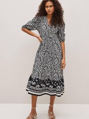 Black/White Floral Puff Sleeve Poplin Dress - Image 1 of 8