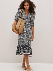 Black/White Floral Puff Sleeve Poplin Dress - Image 3 of 8