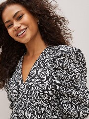 Black/White Floral Puff Sleeve Poplin Dress - Image 4 of 8