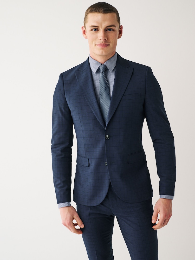 Bright Blue Super Skinny Check Suit Jacket - Image 1 of 12