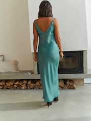 Teal Blue Sheer Midi Metallic Slip Dress - Image 3 of 5