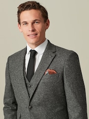 Grey Slim Fit Nova Fides Italian Fabric Herringbone Textured Wool Blend Suit Jacket - Image 1 of 11