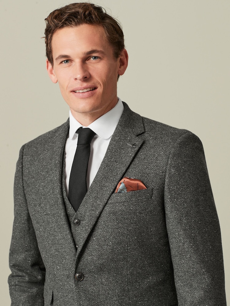 Grey Slim Fit Nova Fides Italian Fabric Herringbone Textured Wool Blend Suit Jacket - Image 1 of 11