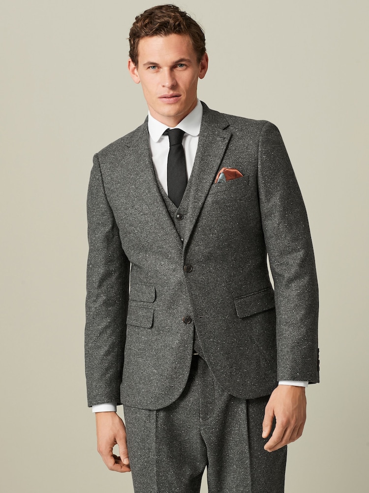 Grey Slim Fit Nova Fides Italian Fabric Herringbone Textured Wool Blend Suit Jacket - Image 2 of 11
