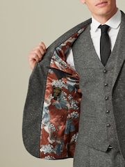 Grey Slim Fit Nova Fides Italian Fabric Herringbone Textured Wool Blend Suit Jacket - Image 5 of 11
