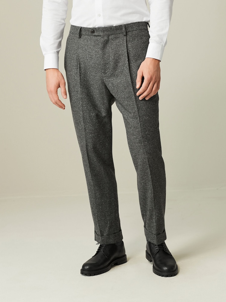 Grey Slim Nova Fides Italian Fabric Herringbone Textured Wool Blend Suit Trousers - Image 1 of 11