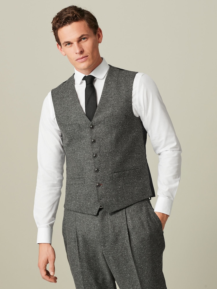 Grey Regular Fit Nova Fides Italian Fabric Herringbone Textured Wool Content Suit Waistcoat - Image 1 of 10 Grey Regular Fit Nova Fides Italian Fabric Herringbone Textured Wool Content Suit Waistcoat - Image 1 of 10