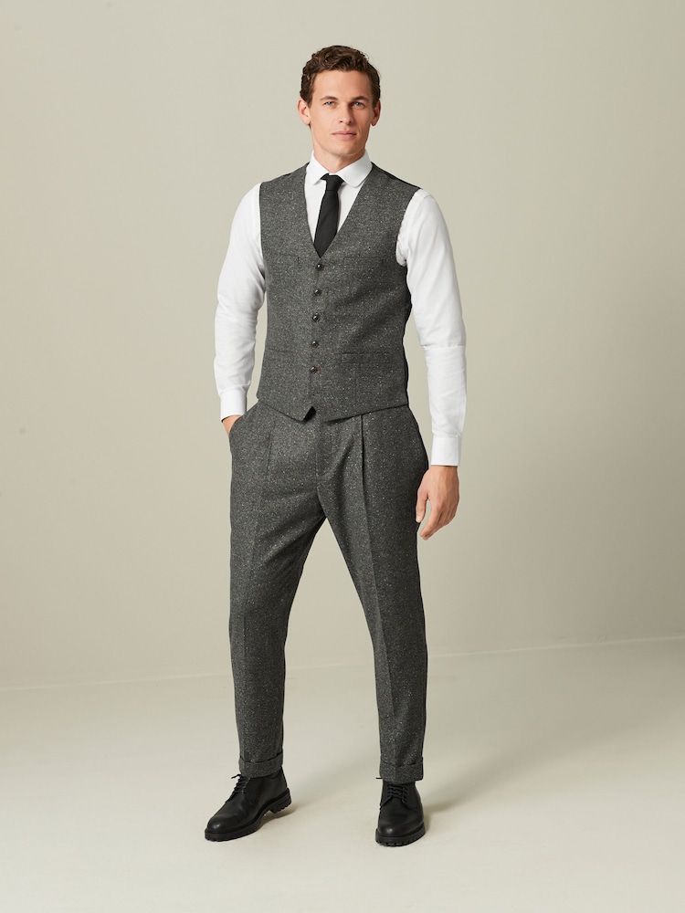 Grey Regular Fit Nova Fides Italian Fabric Herringbone Textured Wool Content Suit Waistcoat - Image 2 of 10 Grey Regular Fit Nova Fides Italian Fabric Herringbone Textured Wool Content Suit Waistcoat - Image 2 of 10