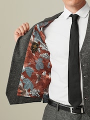 Grey Regular Fit Nova Fides Italian Fabric Herringbone Textured Wool Content Suit Waistcoat - Image 7 of 10