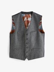 Grey Regular Fit Nova Fides Italian Fabric Herringbone Textured Wool Content Suit Waistcoat - Image 8 of 10