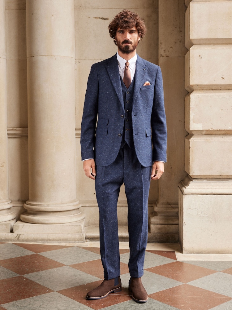 Navy Blue Slim Fit Nova Fides Italian Fabric Herringbone Textured Wool Blend Suit Jacket - Image 2 of 13 Navy Blue Slim Fit Nova Fides Italian Fabric Herringbone Textured Wool Blend Suit Jacket - Image 2 of 13