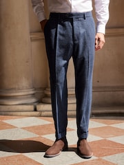 Navy Blue Slim Nova Fides Italian Fabric Herringbone Textured Wool Blend Suit Trousers - Image 1 of 13
