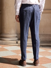 Navy Blue Slim Nova Fides Italian Fabric Herringbone Textured Wool Blend Suit Trousers - Image 2 of 13