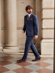 Navy Blue Slim Nova Fides Italian Fabric Herringbone Textured Wool Blend Suit Trousers - Image 3 of 13