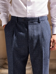 Navy Blue Slim Nova Fides Italian Fabric Herringbone Textured Wool Blend Suit Trousers - Image 6 of 13