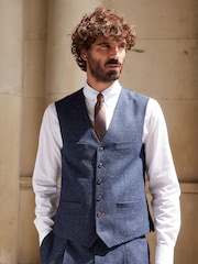 Navy Blue Regular Fit Nova Fides Italian Fabric Herringbone Textured Wool Content Suit Waistcoat - Image 1 of 10