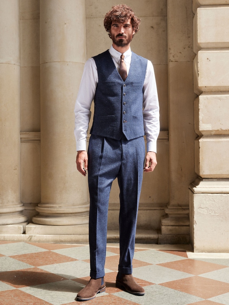 Navy Blue Regular Fit Nova Fides Italian Fabric Herringbone Textured Wool Content Suit Waistcoat - Image 2 of 10