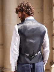 Navy Blue Regular Fit Nova Fides Italian Fabric Herringbone Textured Wool Content Suit Waistcoat - Image 3 of 10