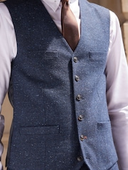 Navy Blue Regular Fit Nova Fides Italian Fabric Herringbone Textured Wool Content Suit Waistcoat - Image 4 of 10