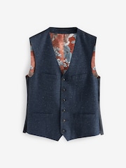 Navy Blue Regular Fit Nova Fides Italian Fabric Herringbone Textured Wool Content Suit Waistcoat - Image 6 of 10