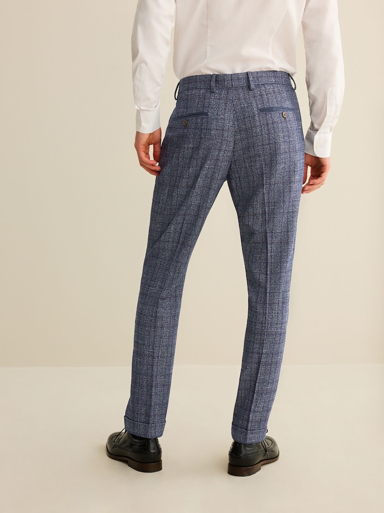 Navy Blue Slim Fit Trimmed Check Suit Trousers - Image 3 of 13