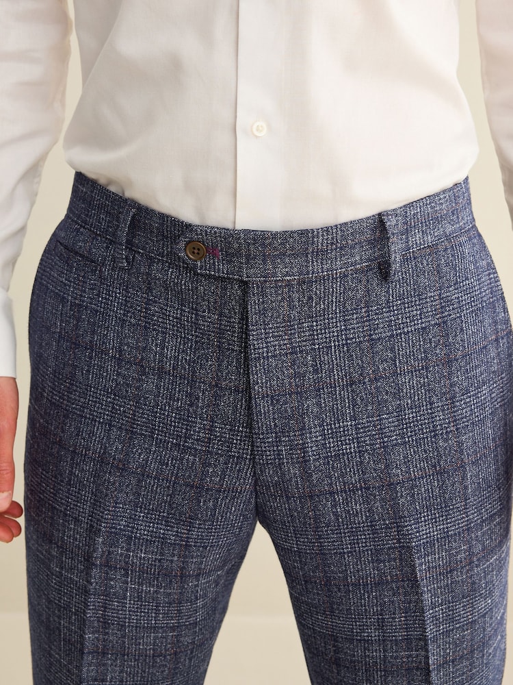 Navy Blue Slim Fit Trimmed Check Suit Trousers - Image 5 of 13