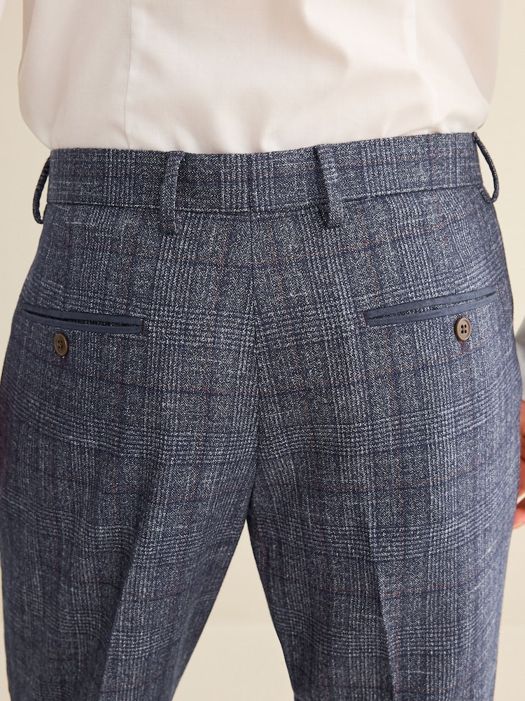 Navy Blue Slim Fit Trimmed Check Suit Trousers - Image 6 of 13