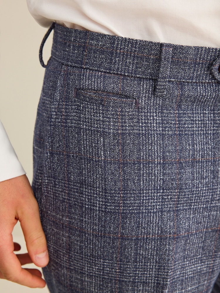 Navy Blue Slim Fit Trimmed Check Suit Trousers - Image 7 of 13