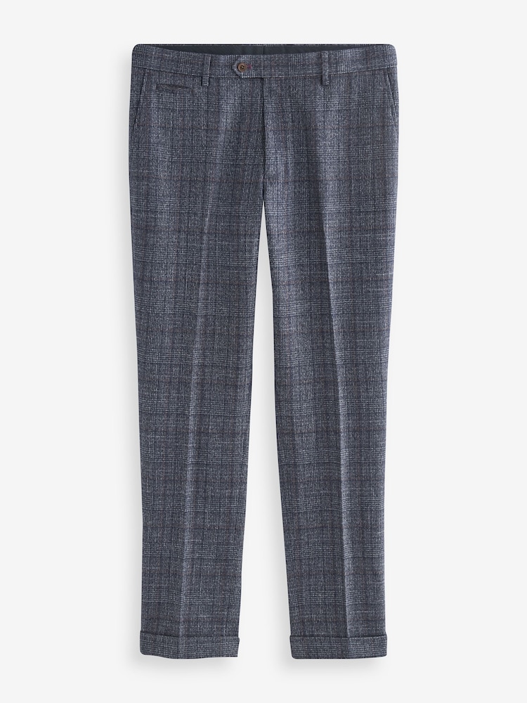 Navy Blue Slim Fit Trimmed Check Suit Trousers - Image 9 of 13
