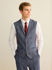 Navy Blue Slim Fit Trimmed Check Waistcoat - Image 1 of 12