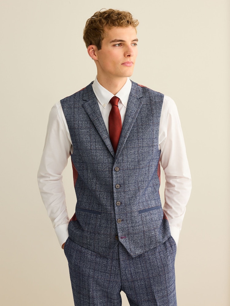 Navy Blue Slim Fit Trimmed Check Waistcoat - Image 1 of 12
