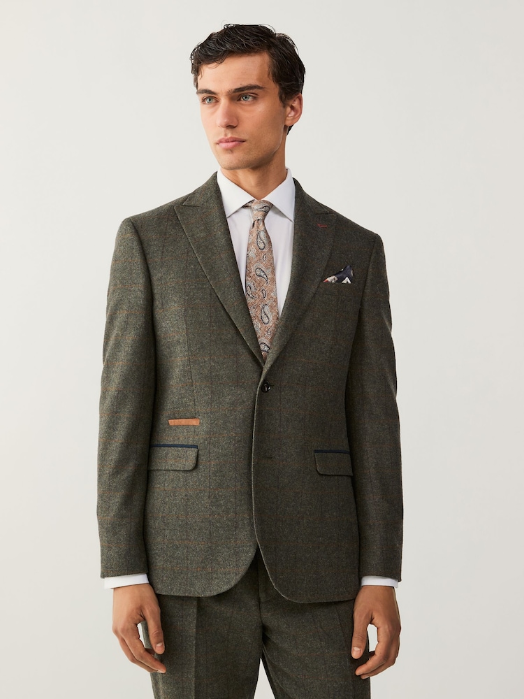 Green Regular Fit Trimmed Check Suit Jacket - Image 1 of 15