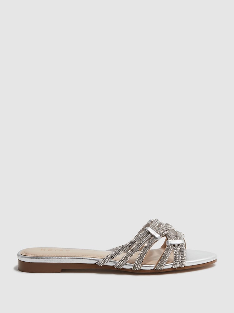 Reiss Silver Eryn Embellished Flat Sandals - Image 1 of 5