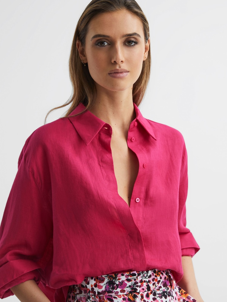 Reiss Fuschia Cammie Oversized Linen Shirt - Image 1 of 6