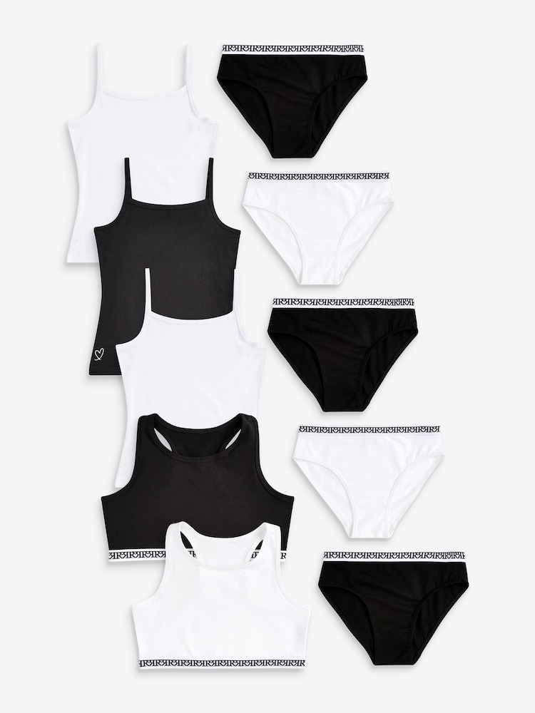 River Island Black Girls 100% Cotton Vest and Briefs Set 10 Pack - Image 1 of 10 River Island Black Girls 100% Cotton Vest and Briefs Set 10 Pack - Image 1 of 10